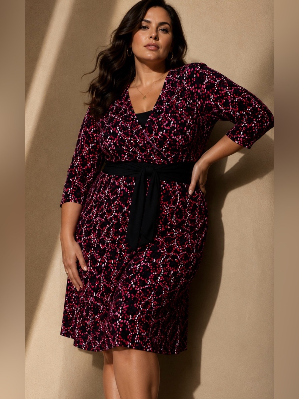 R&M Richards Black and Pink Abstract Wrap Dress
